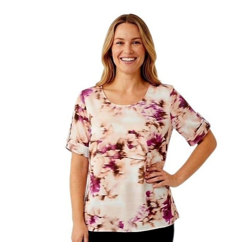 Jennifer Lopez Womens Top L Pink Purple satiny Short Slv back slit hem boho